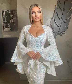Dubai Stila Balts Ilgi, Elegantas Vakara Kleitas 2021Sexy Mirdzoša Mirdzēt Sequin Augstu Šķēlumu ar garām Piedurknēm Sirēna Vakara Tērpi