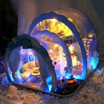 DIY Koka Māju Zilais Sapnis Zemūdens Būda Ar LED Linght Puses-montē mājas modelis Radošo bērnu dāvanu Miniture rotaļu māja
