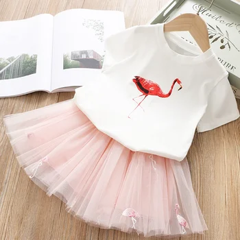 Meitenes Kleita 2019. Gada Vasarā Jauni Bērnu Meiteņu Apģērbu Komplekti Karikatūra Flamingo T-Krekls+ Sequin Zvaigžņu Kleitu 2gab Meiteņu Drēbes Ikdienas Valkāšanai