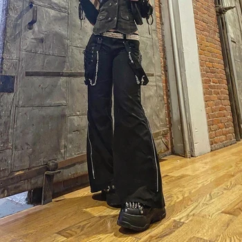 HEYounGIRL Harajuku Mall Goth Plaša Kāju Kravas Bikses Sievietēm Zip Up Black Punk Gadījuma Hip Hop Bikses Dāmas Streetwear Modes