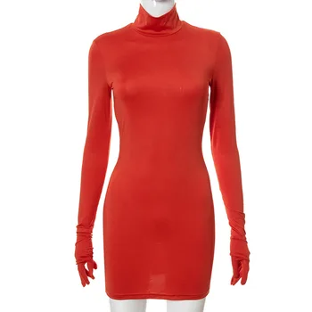 Y2K Eleganti Sarkanā krāsā ar garām Piedurknēm ar Cimdiem, Cietu Mini Kleita Rudens Dzimšanas dienas svinībām Klubā Sieviešu Bodycon Kleitas Tērpi
