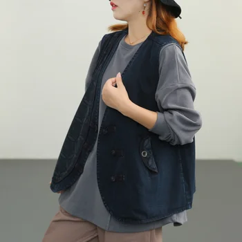 Max LuLu Japānas Modes Melnās Džinsa Auduma Piedurknēm Apģērbs Ir 2021. Sieviešu Iespiests V-Veida Kakla Veste Mētelis Dāmas Pogu Gadījuma Loose Vestes