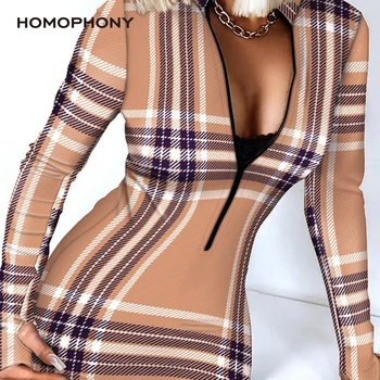 Homophony Sexy Bodycon Puse Kleita Sievietēm Eleganto Rāvējslēdzēju Gadījuma Mini Kleitas Modes Dāma V-Veida Kakla Pleds Houndstooth Vestidos