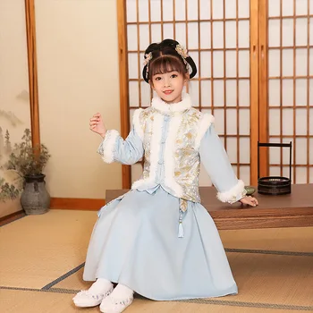 Hanfu Meitenes Kleita Jaunā Gada Svētku Drēbes Uzvalku Sabiezējumu Bērnu Tang Kleita Ziemas Ķīniešu Cheongsam Stils