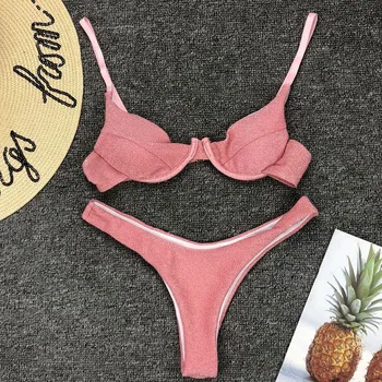 Spīdošs Sudraba Bikini Komplekts Sievietēm Vasarā Push-up Krūšturis Bikini Biksītes 2 Gabali Beachwear Peldkostīmi ar Zemu Vidukļa siksna Krūšturis Strappy