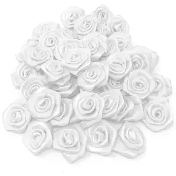 100gab Baltas 25mm Ployester Lentes Rozes Dekoratīvie Ziedi Kāzu Pušķi, Ziedu Embellishments