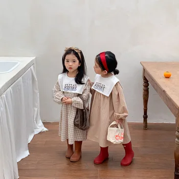 MILANCEL 2022. gada Pavasarī Jaunu Bērnu Apģērbu Meitenēm Kleitu Izšūtu Lāča Lelle Kvadrātveida Atloks ar garām Piedurknēm Kleita