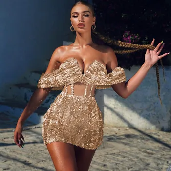 Jaunas Sieviešu Vasaras Stils Sexy Pie Pleca, Acu Spīguļi, Vizuļi Zelta Mini Bodycon Kleita Ir 2021. Dizaineru Vakara Puse Kleita Vestido
