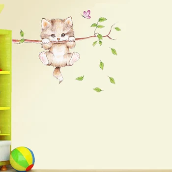 Jauki Kaķis karājas filiāles tauriņš sienas uzlīmes bērniem, Bērnu istabas, Guļamistabas cute Dzīvniekiem, Sienas Uzlīmes Bērnistabai Sienas Dekori