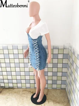 Modes Sievietes Ar Īsām Piedurknēm V-Veida Kakla Raibs Cilpa Mežģīnes Up Bodycon Sexy Puse Kleita Ir 2021. Vasaras Viltus Divi Gadījuma Mini Džinsa Kleita