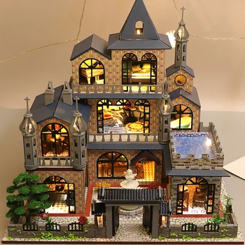 Eiropas Casa DIY Koka Namiņš Komplekts Miniatūras ar Mēbelēm, Gaismas Lielo Leļļu Nams Saliktas Rotaļlietas Pieaugušajiem Dzimšanas dienas Dāvanas