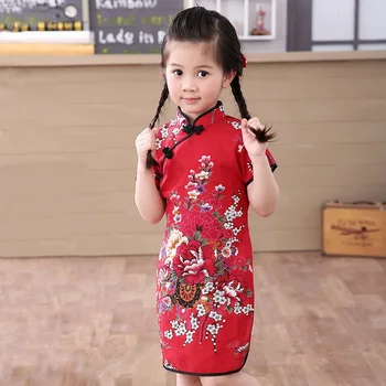 Baby Girl Chi-Pao Īsām Piedurknēm Kleitas Modes 2021 Ķīniešu Jauno Gadu Bērnu drēbītes Meitenei Cheongsam Tērpiem Ziedu Kleita