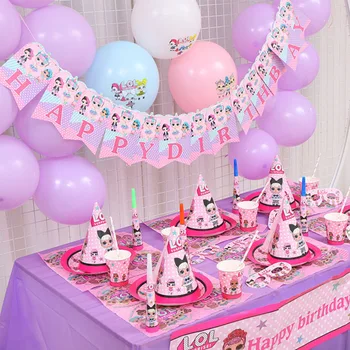 Dzimšanas dienas svinības LOL lelles pārsteigums DIY tēma Apdare Piegādes Brīvdienu Cup Plate Karoti kāzu kūka topper Aktivitātes Bērniem Dāvanas