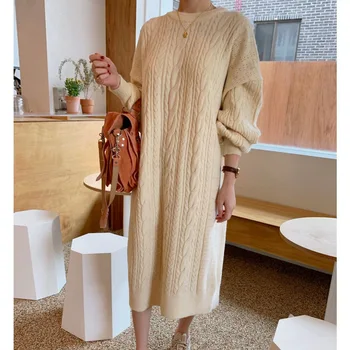 Gadījuma Pollover Cietā Korejas 2021 Sieviete Jaunas Ziemas Trikotāžas Apģērbs Džemperis Kleitas Silts, Biezs Džemperis Kleita Sieviešu Trikotāžas Drēbes