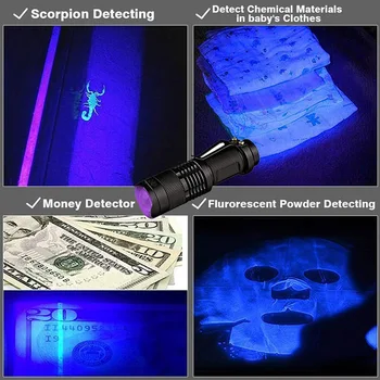 EZK20 Dropshipping Mini Zoomable 3 Režīmi Scorpion UV LED Lukturīti Ultravioleto Lāpu Naudas Detektors ar Pet Urīna Traipus Detecto