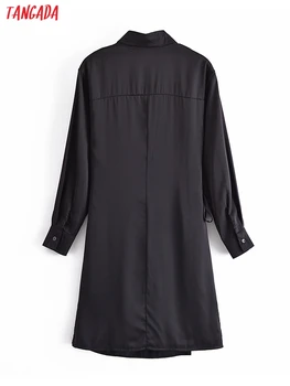 Tangada ir 2021. Modes Sievietes Melnā Satīna Krekls Kleita ar Slīpsvītru Vintage garām Piedurknēm Biroja Dāmas Mini Kleita 3W47
