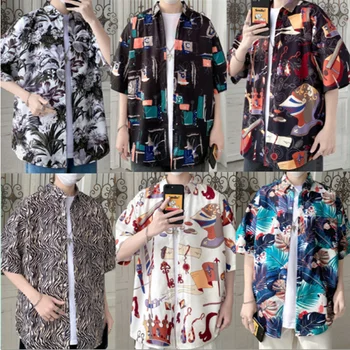 Ins ledus zīda vīriešu krekls vīriešiem ar īsām piedurknēm drukāt zaudēt Vasarā Pludmale Havaju huligānisks krekls tendence camisa masculina streetwear