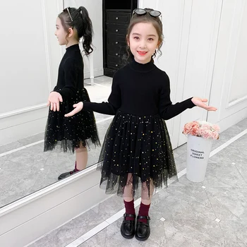 Bērniem no 3-12 gadiem rudenī, ziemā silts daudzslāņu kleita mazām meitenēm melns adīts džemperis mežģīnes, šifons raibs bērnu drēbes